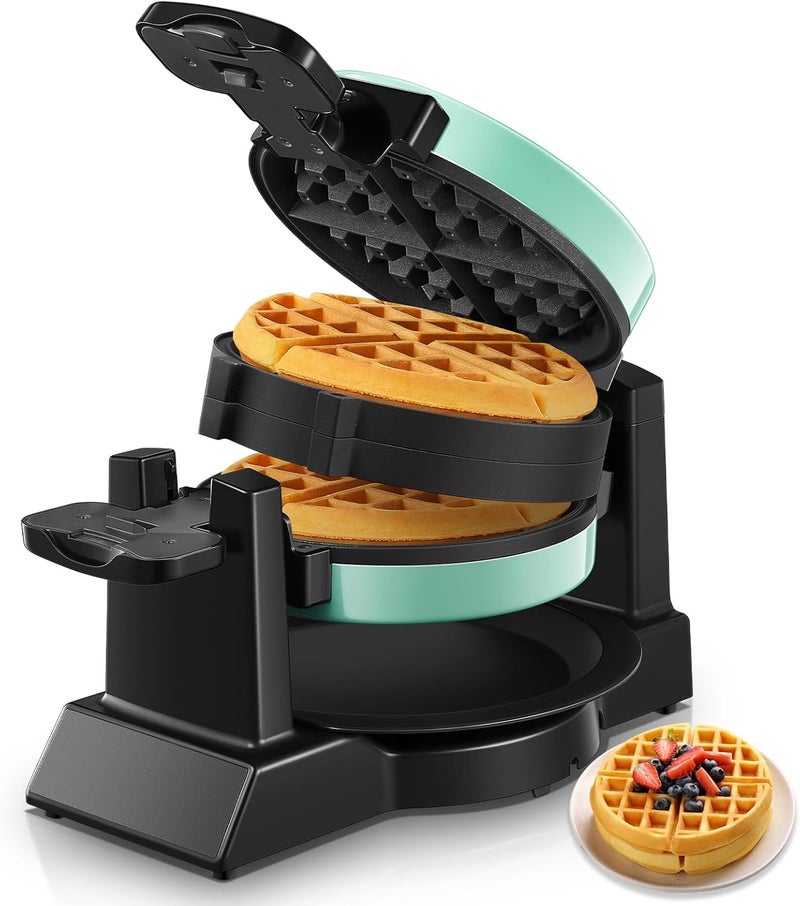 FOHERE Waffle Maker, 1400W Double Belgian Waffle Iron 180° Flip, 8 Slices in 3 Mins, Rotating & Nonstick Plates, Anti-Scald, Removable Drip Tray Easy to Clean, Cool Touch Handle, Space-Saving (Mint Blue) - Image 1